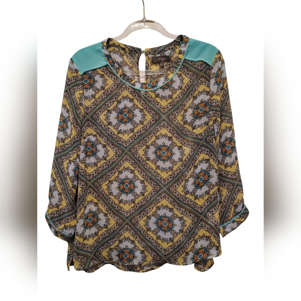 Womans Umgee Yellow Mandala Gloral Boho Sheer See Through Blouse Sz Small